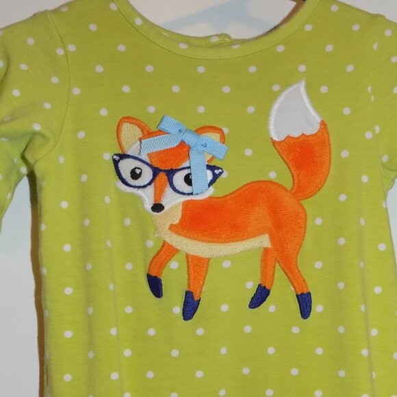 MOLLY & MILLIE Girls 12M Green Polka Dot Fox Applique Romper 1pc Ruffle Hem Bow - Picture 2 of 5